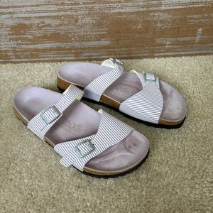 Birki’s Birkenstock Lille Striped Sandals Lilac Purple Comfort Walking Womens 10